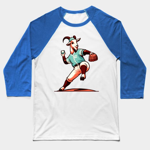 Throwback Goat pitcher - Vintage 1990s Cartoon Style Baseball Art Baseball T-Shirt by TimeWarpWildlife